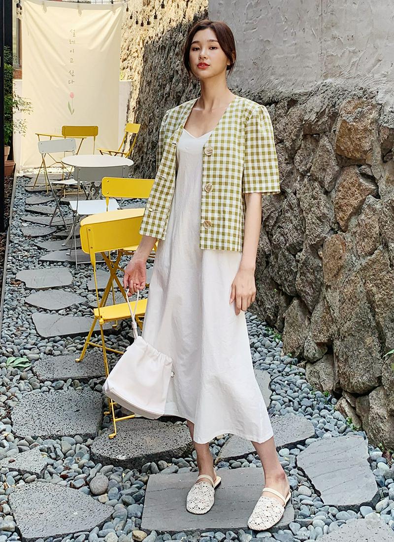 ギンガムチェック半袖ボタンジャケット・全2色