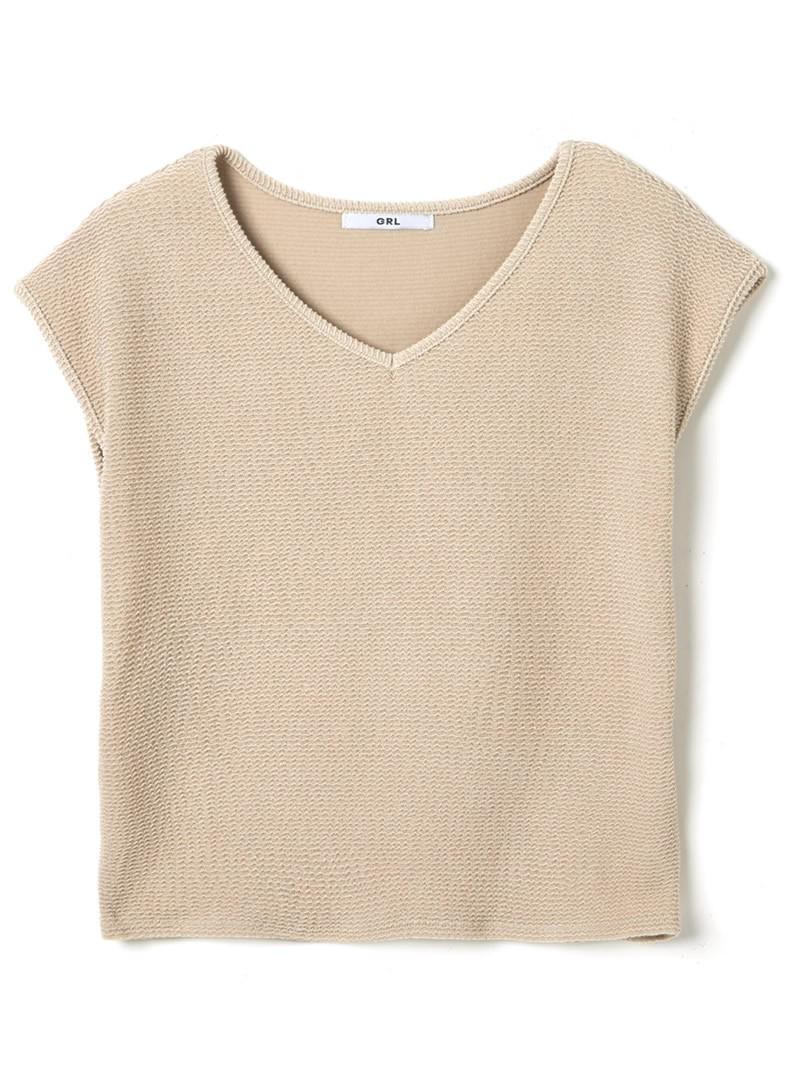 Vネックフレンチスリーブジャガードトップス