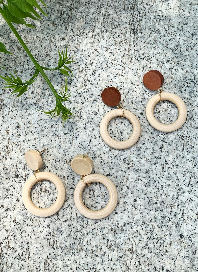 ダブルウッドサークルドロップピアス・全2色