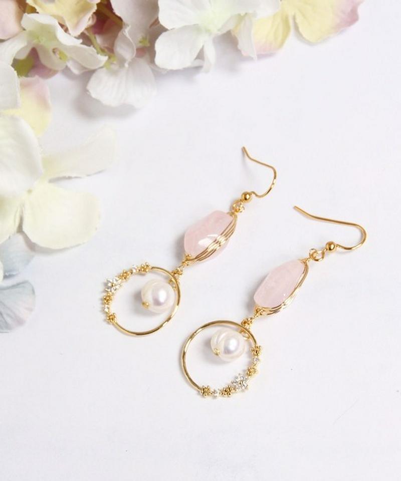 K14GF　ローズクォーツ×フラワーリングピアス