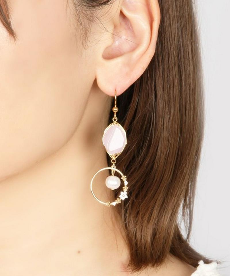 K14GF　ローズクォーツ×フラワーリングピアス