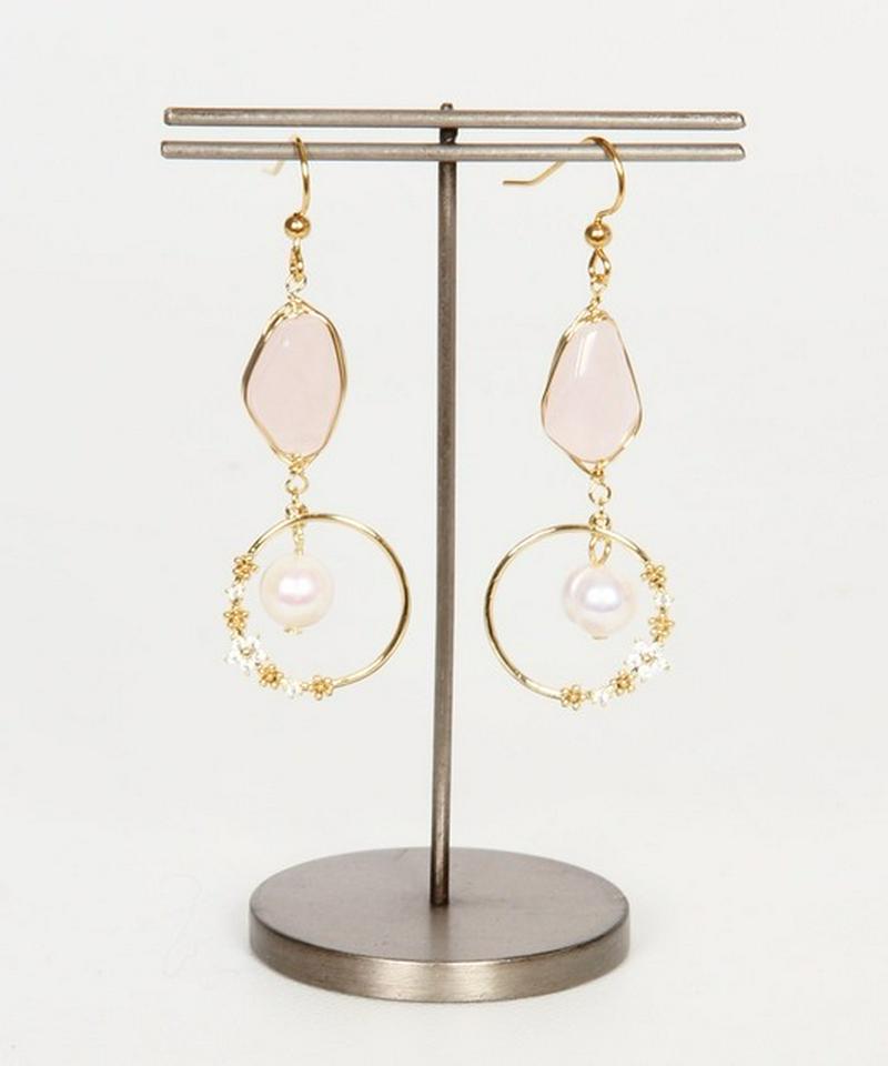 K14GF　ローズクォーツ×フラワーリングピアス