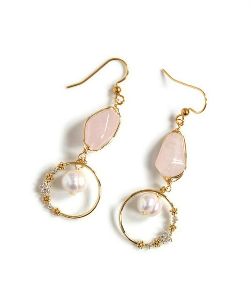 K14GF　ローズクォーツ×フラワーリングピアス