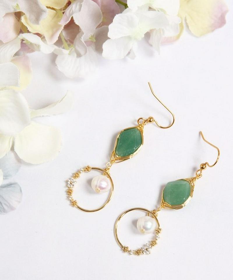 K14GF　アベンチュリン×フラワーリングピアス