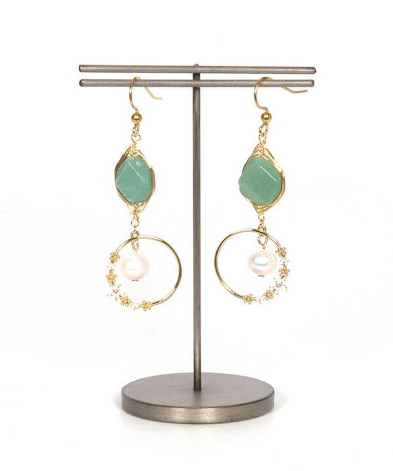 K14GF　アベンチュリン×フラワーリングピアス