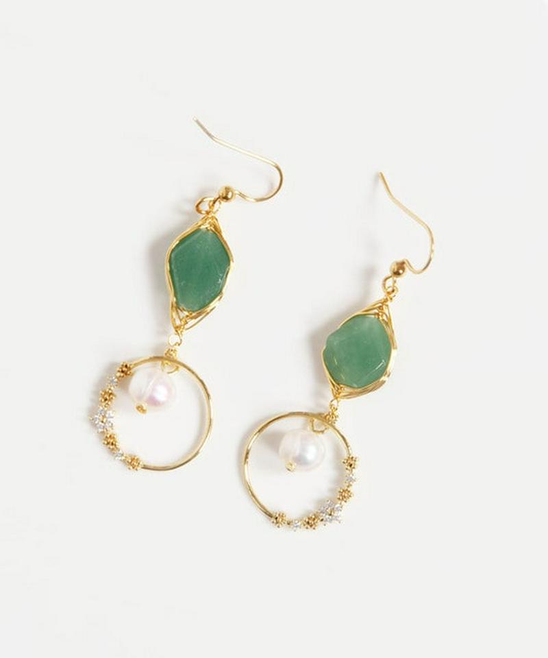 K14GF　アベンチュリン×フラワーリングピアス