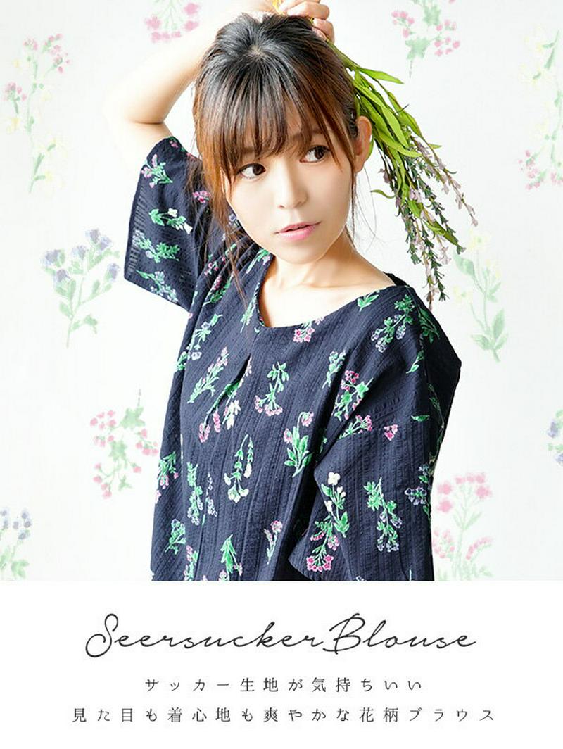 ブラウス / 夏にぴったりの着心地♪花柄シアサッカーブラウス。 レディース トップス シャツ プルオーバー 半袖 五分袖 ゆった