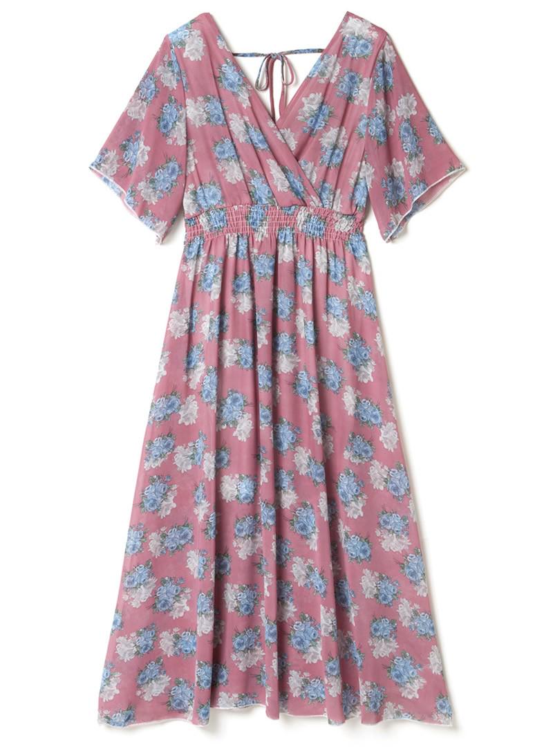 花柄ウエストシャーリングカシュクールワンピース