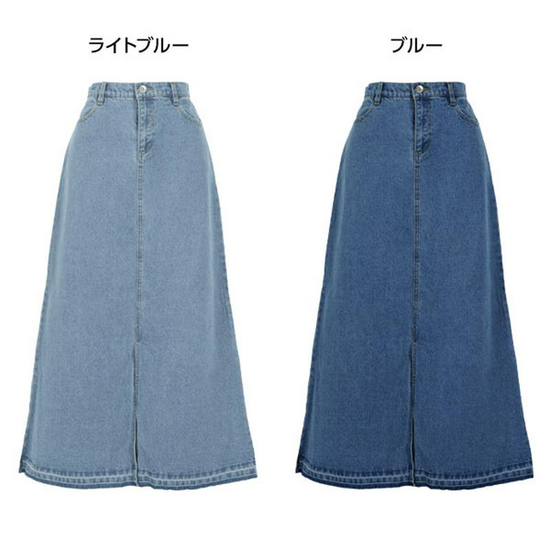 デニムセミフレアマキシスカート [M2534]【入荷済】 レディース ボトムス マキシ ロング カットオフ スリット ウエストゴ
