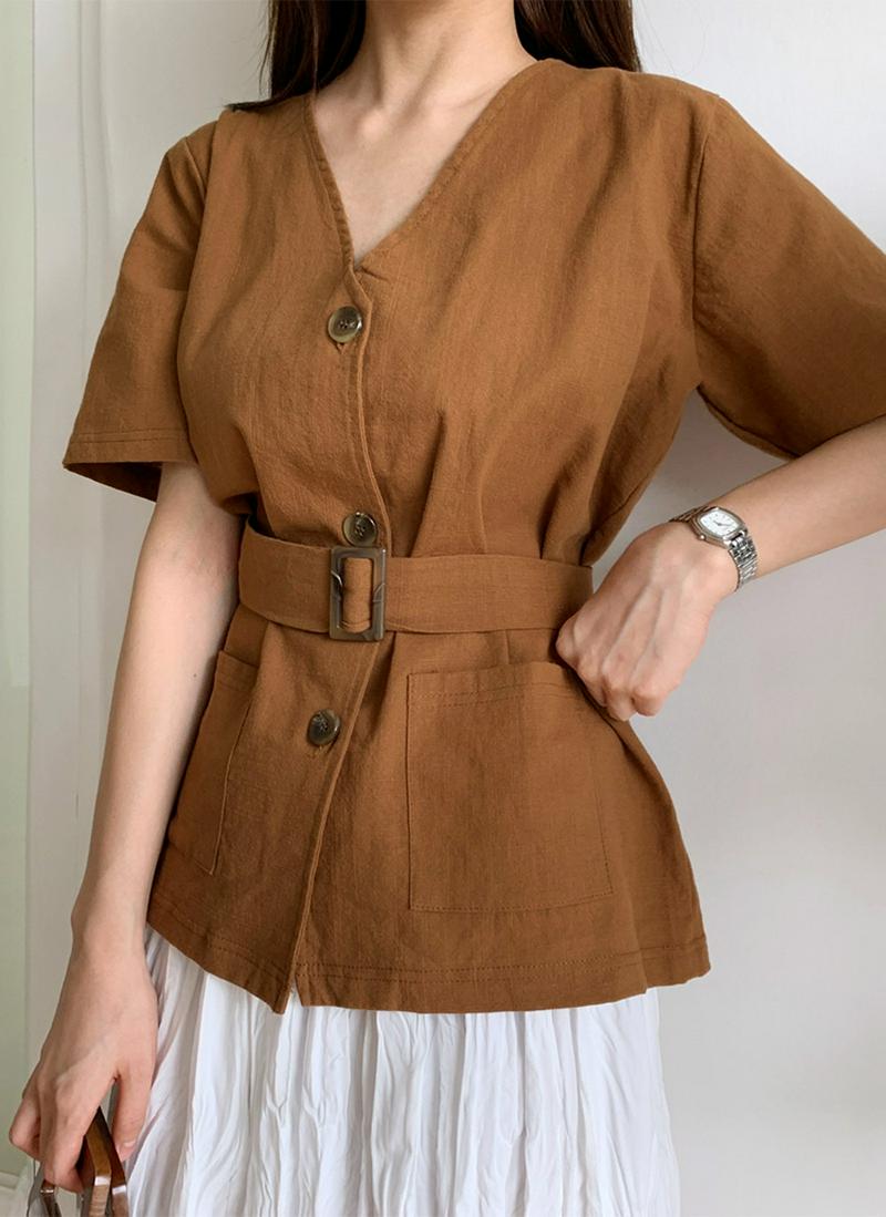 ベルトSETノーカラー半袖ジャケット・全3色