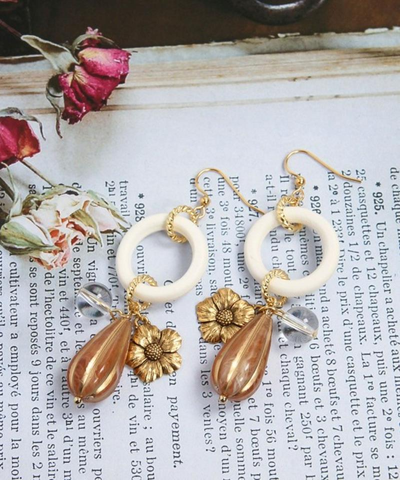 K14GF　ウッドリング×フラワーピアス　ブラウン