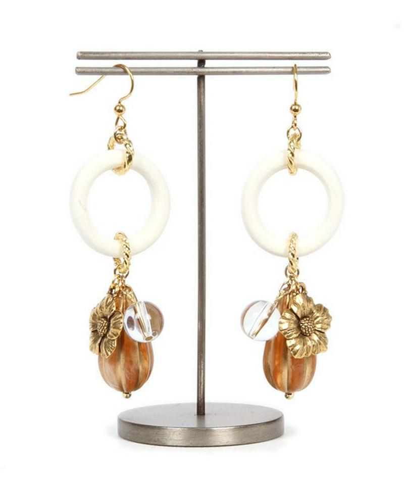 K14GF　ウッドリング×フラワーピアス　ブラウン