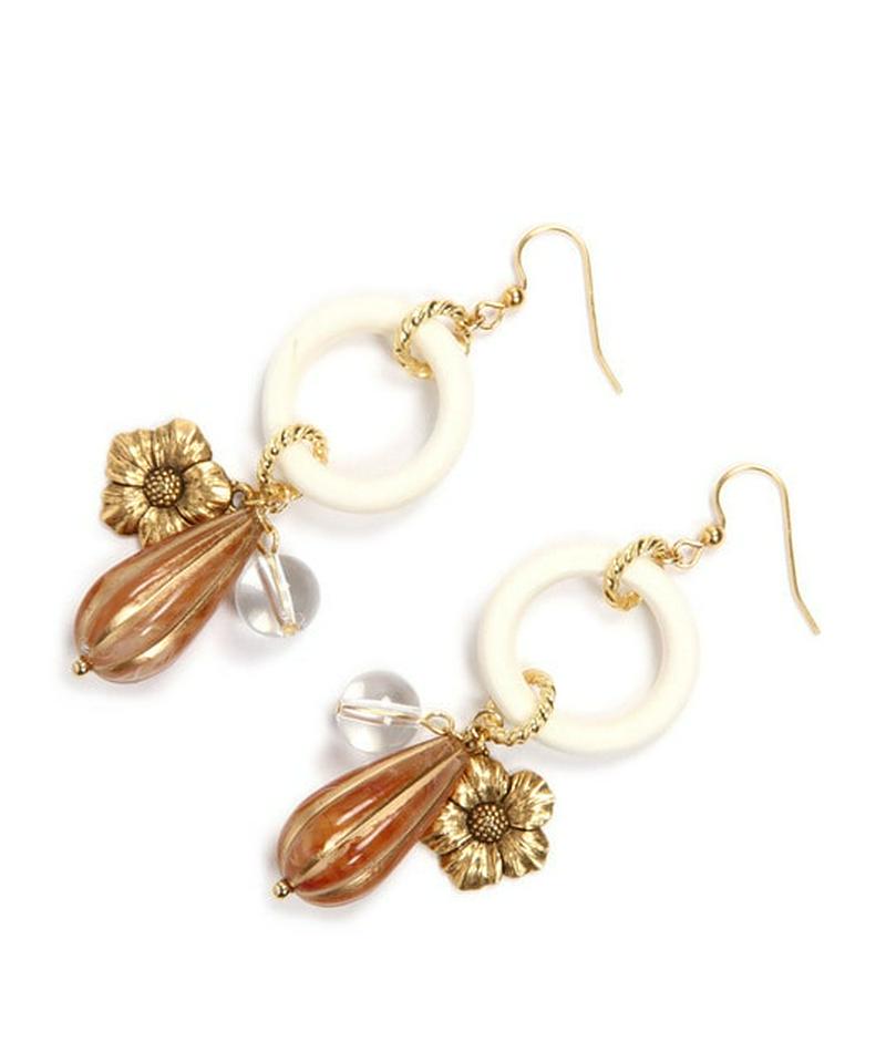 K14GF　ウッドリング×フラワーピアス　ブラウン