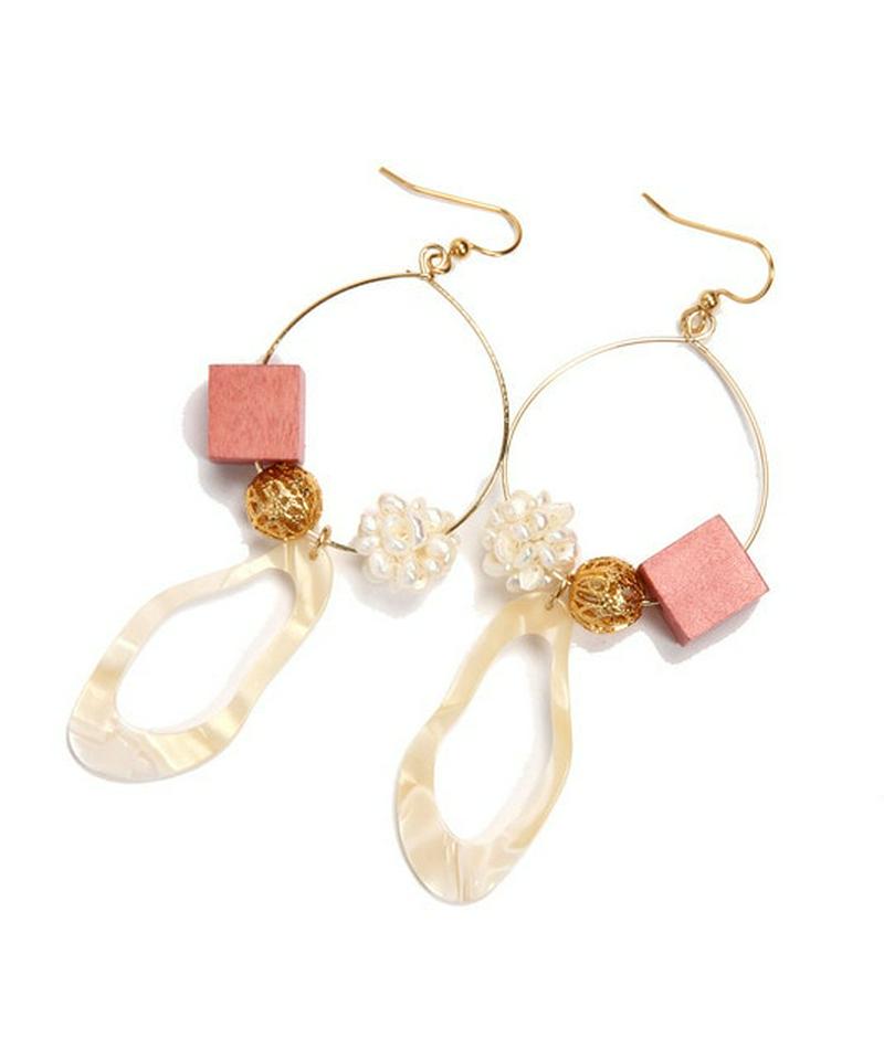 K14GF 大ぶりフープ ウッドキューブピアス ピンク