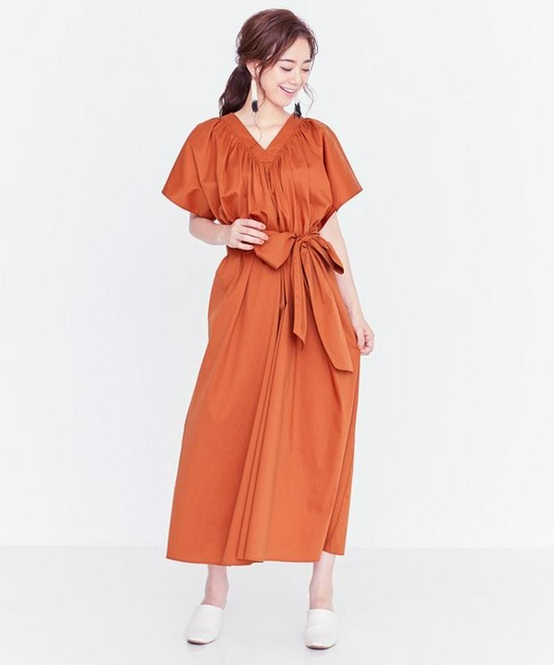 リボンベルト付きVネックロング ドレス