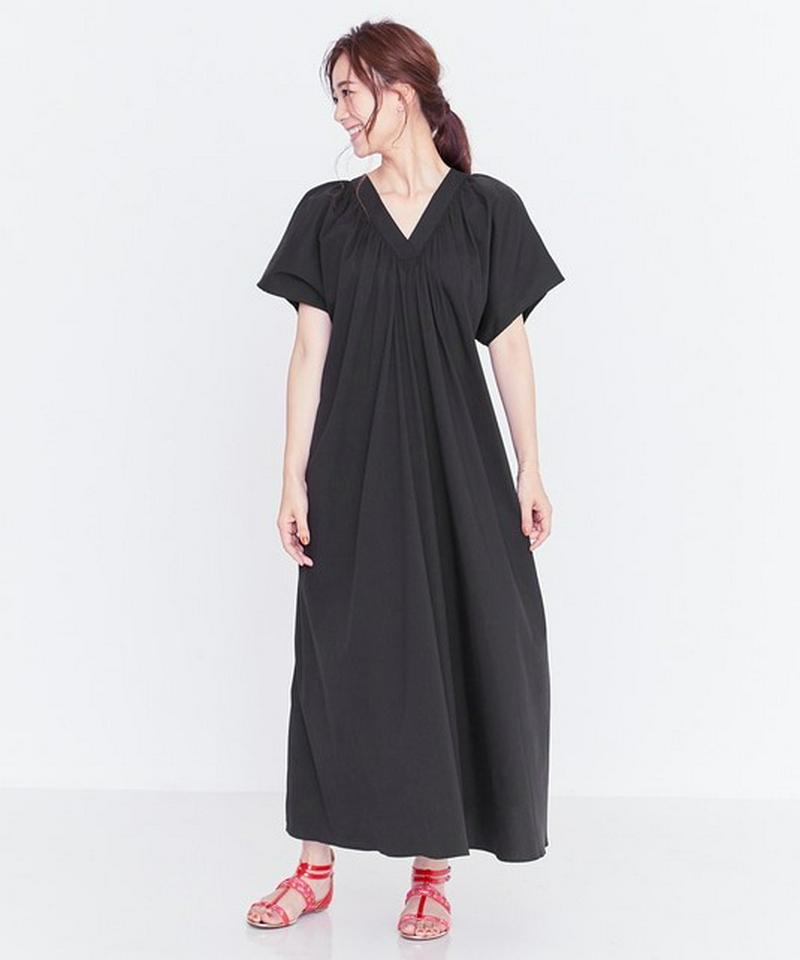 リボンベルト付きVネックロング ドレス