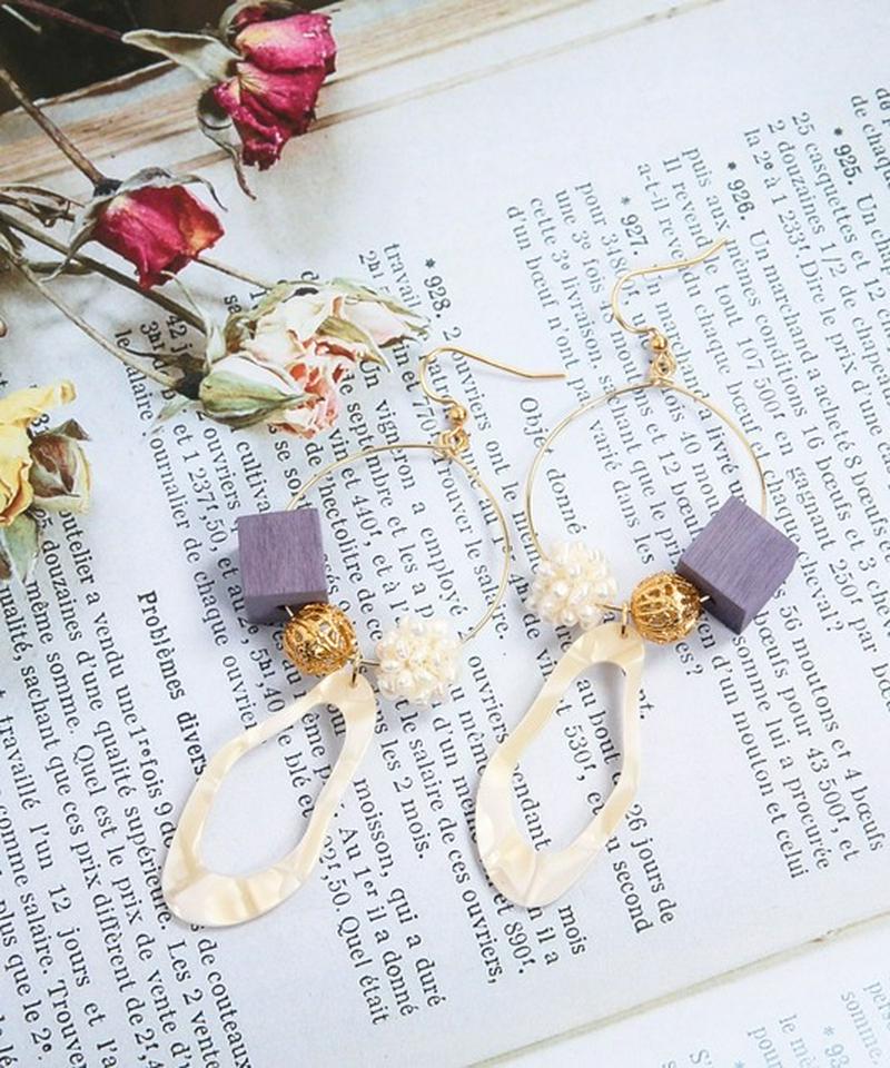 K14GF 大ぶりフープ　ウッドキューブピアス　ブルー