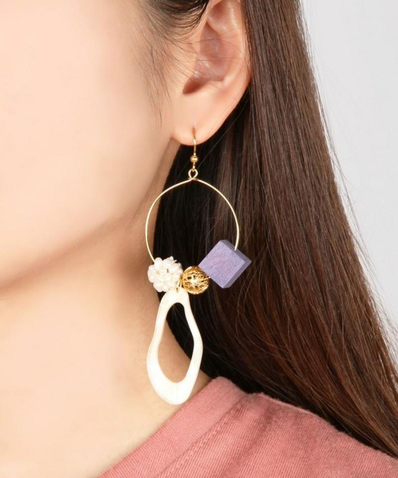 K14GF 大ぶりフープ　ウッドキューブピアス　ブルー