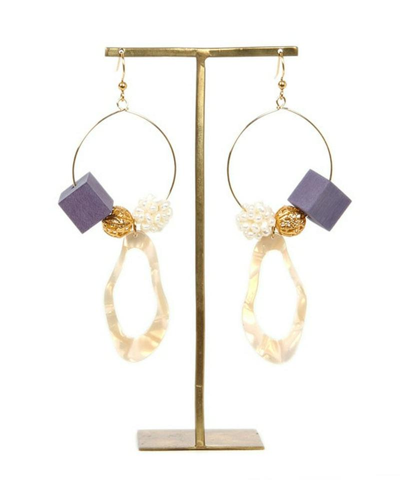 K14GF 大ぶりフープ　ウッドキューブピアス　ブルー