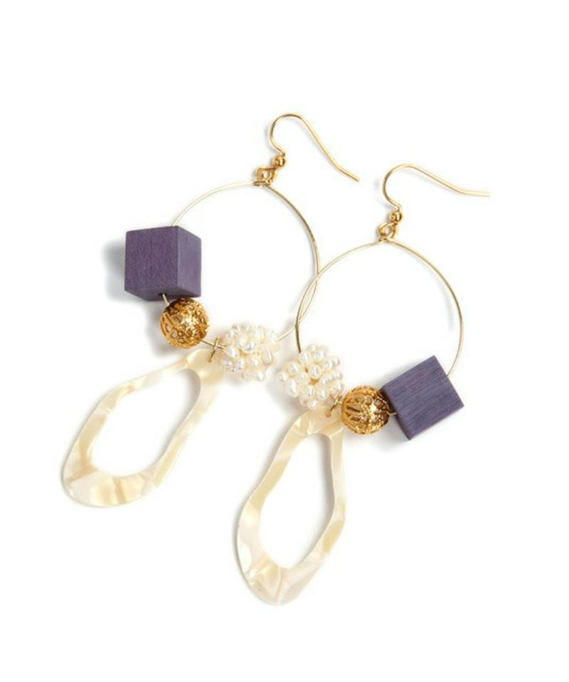 K14GF 大ぶりフープ　ウッドキューブピアス　ブルー