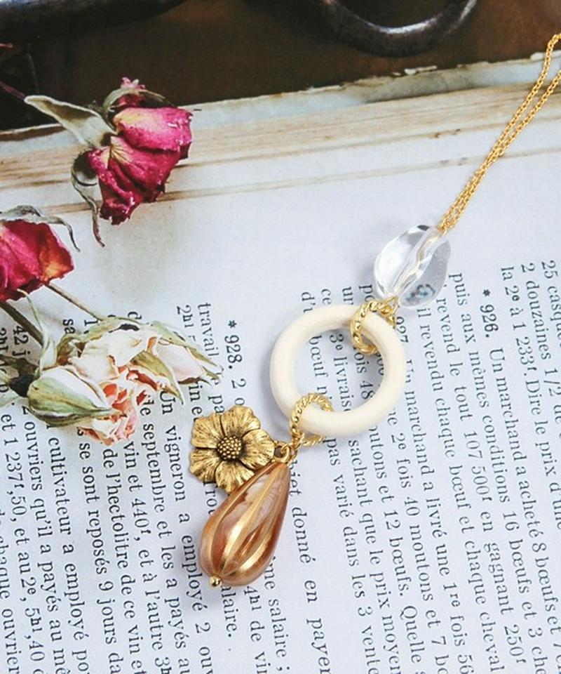 K14GF　ウッドリング×フラワーネックレス　ブラウン