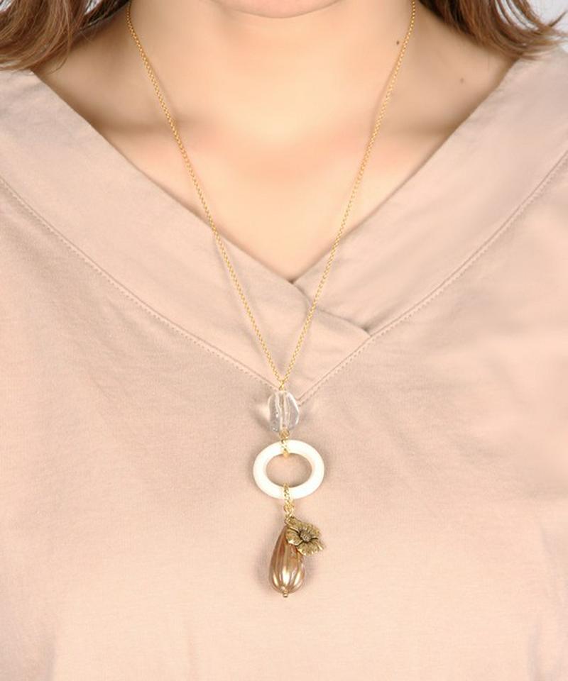 K14GF　ウッドリング×フラワーネックレス　ブラウン