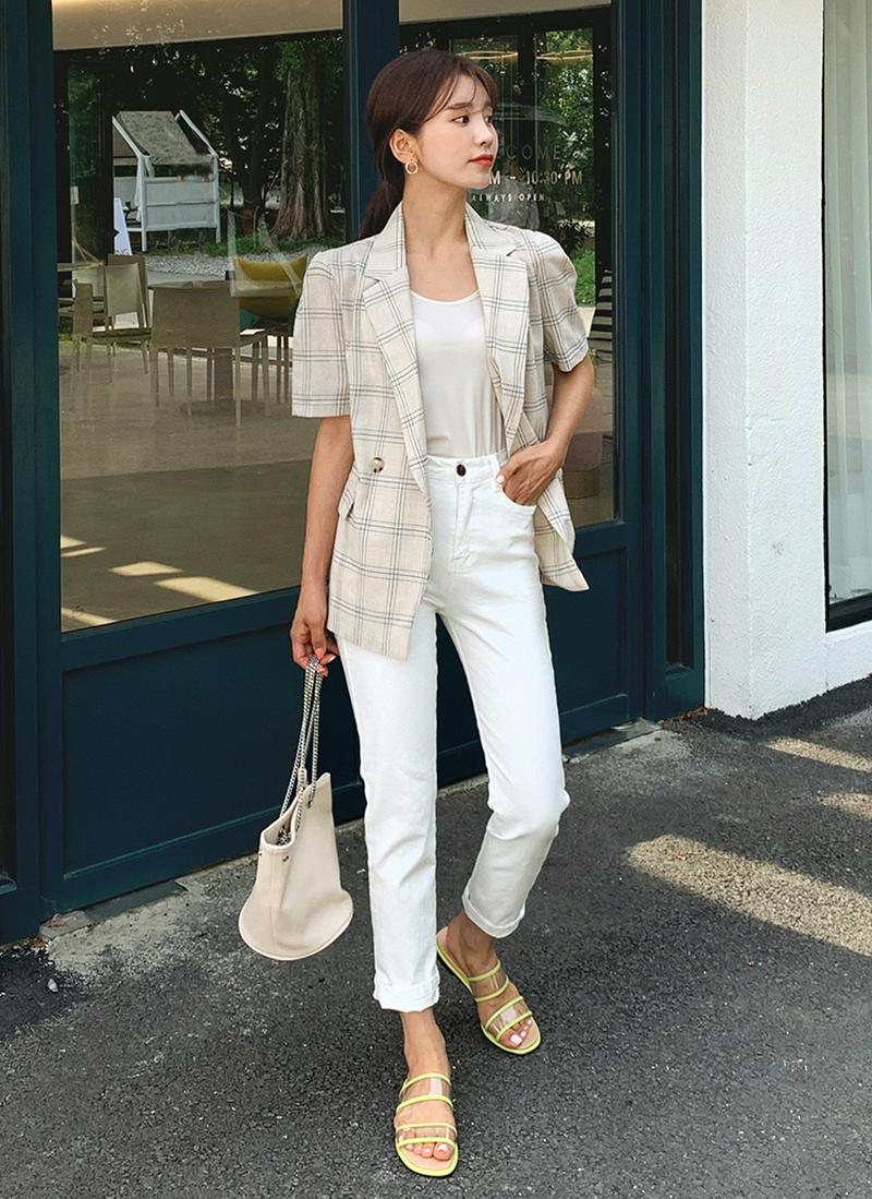 ストラップSETチェック半袖ジャケット・全3色