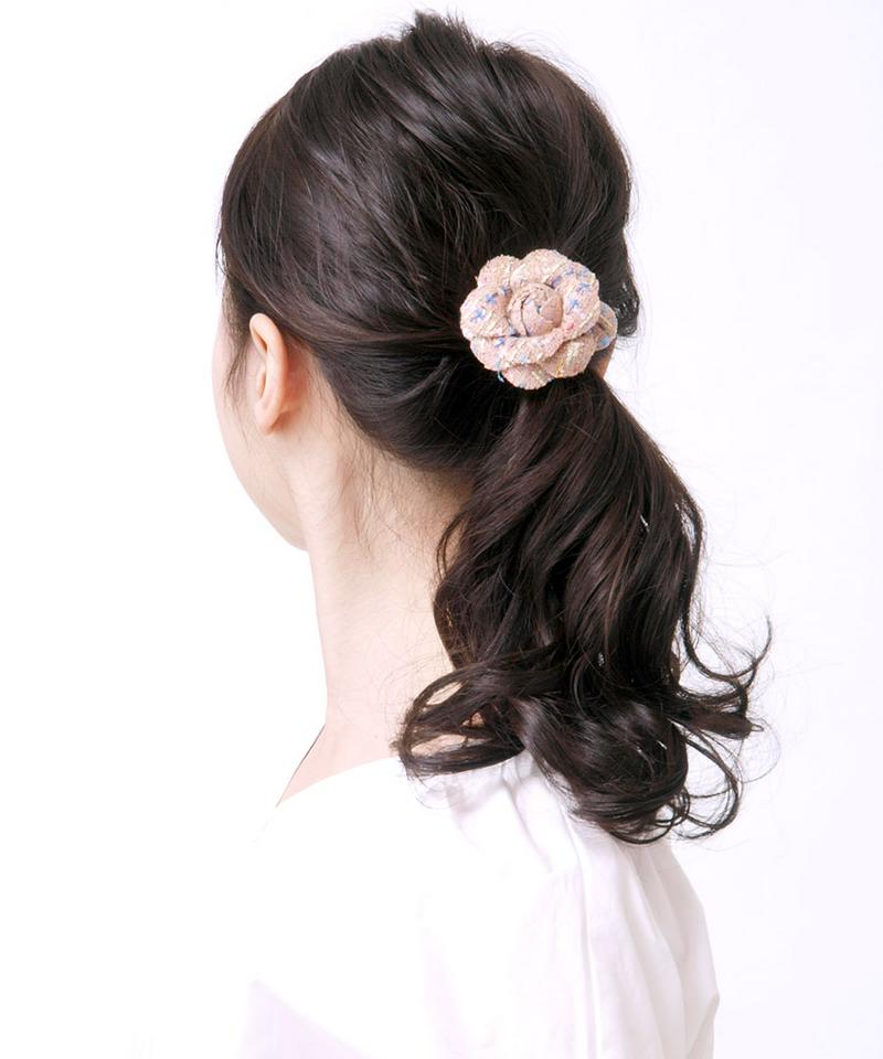 ◆在庫処分PRICE◆ツイードカメリアヘアゴム エレガント フラワー デート キュート 花 立体 ヘアアクセ ヘアアクセサリー 