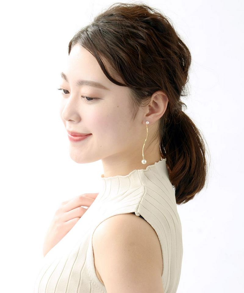 ダブルパールウェーブロングピアス シンプル ゴールド シルバー 揺れる エレガント 大人 デイリー 結婚式 二次会 チタンポスト アクセサリー P1745 レディース 大人っぽい かわいい