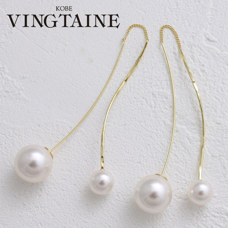 ピアス アメリカンピアス ウェーブ ダブルパール パールキャッチ ロング 揺れる シンプル 華奢 大人 華やか デイリー 結婚式 二次会 アクセサリーレディース 大人っぽい かわいい 神戸ヴァンテーヌ P1740