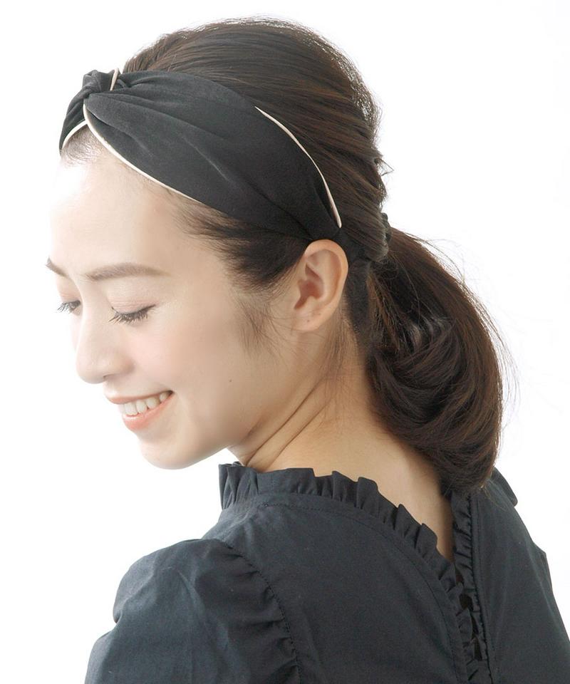 パイピングクロスカチューシャ ターバン風 ワイド シンプル ブラック カーキ グレージュ 幅広 ヘアアレンジ デイリー ヘッドア