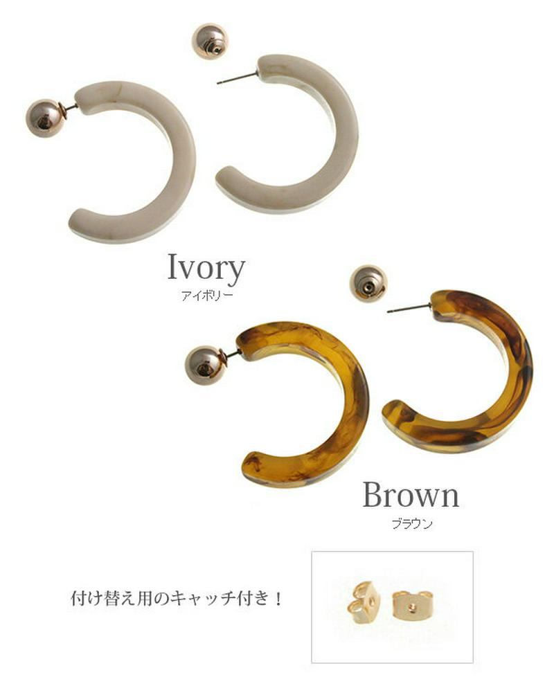 ◆SALE◆メタルボールキャッチ付きべっ甲風ハーフフープピアス (M) シンプル ブラウン アイボリー マーブル バックキャッチ 2way 大ぶり チタンポスト P1731 レディース 大人っぽい かわいい おしゃれ【mbgt】