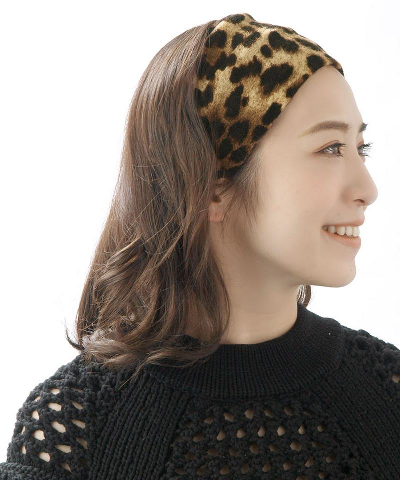 レオパード柄ニットターバンヘアバンド アニマル柄 幅広 ワイド クロス ワンポイント ヘアアレンジ デイリー ヘッドバンド 秋冬