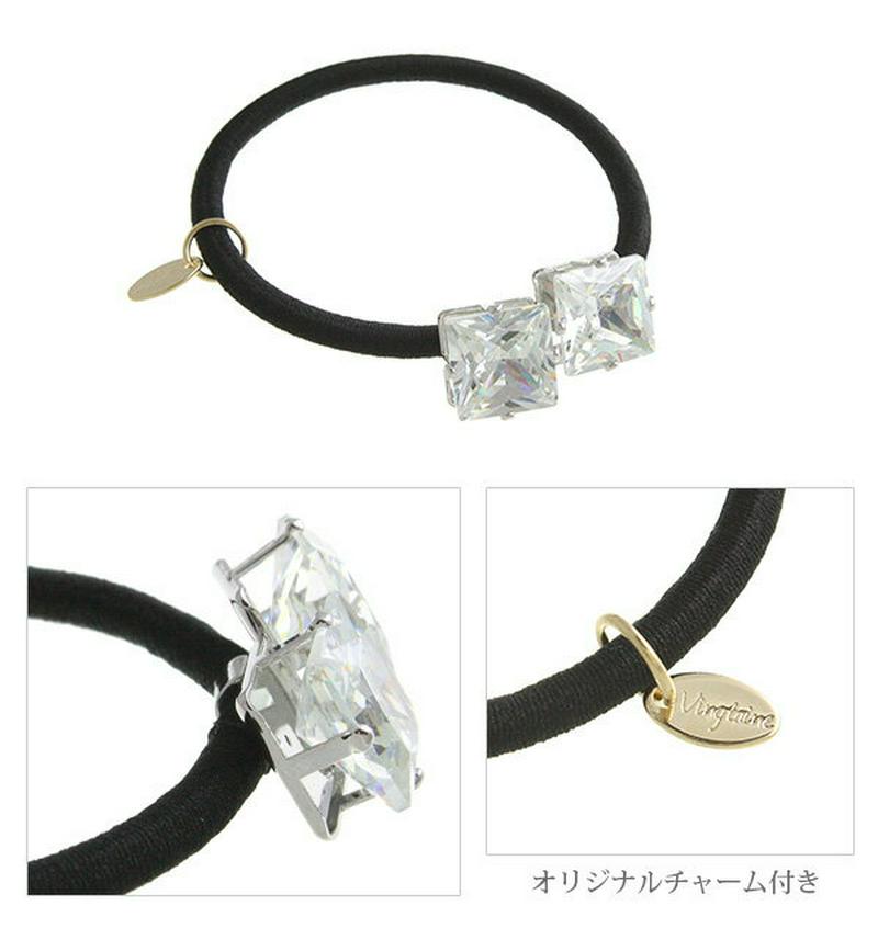 ダブルスクエアストーンヘアゴム キュービックジルコニア 煌き エレガント 立体 シンプル 小ぶり 簡単まとめ髪 ポニー ヘアアクセ ヘアアクセサリー H7137 レディース 7・神戸ヴァンテーヌ