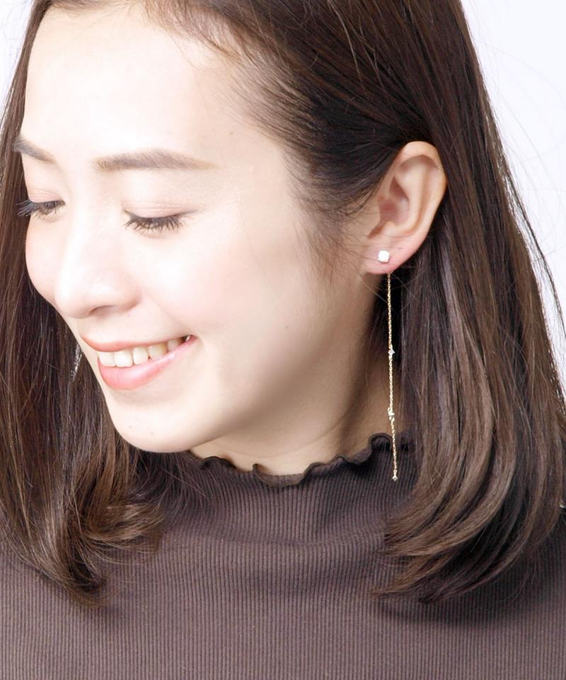 ストーン付きロングチェーンキャッチピアス キュービックジルコニア ゴールド シルバー シンプル 2way 華奢 揺れ 煌き アクセサリー P1651 レディース 大人っぽい かわいい 揺れる