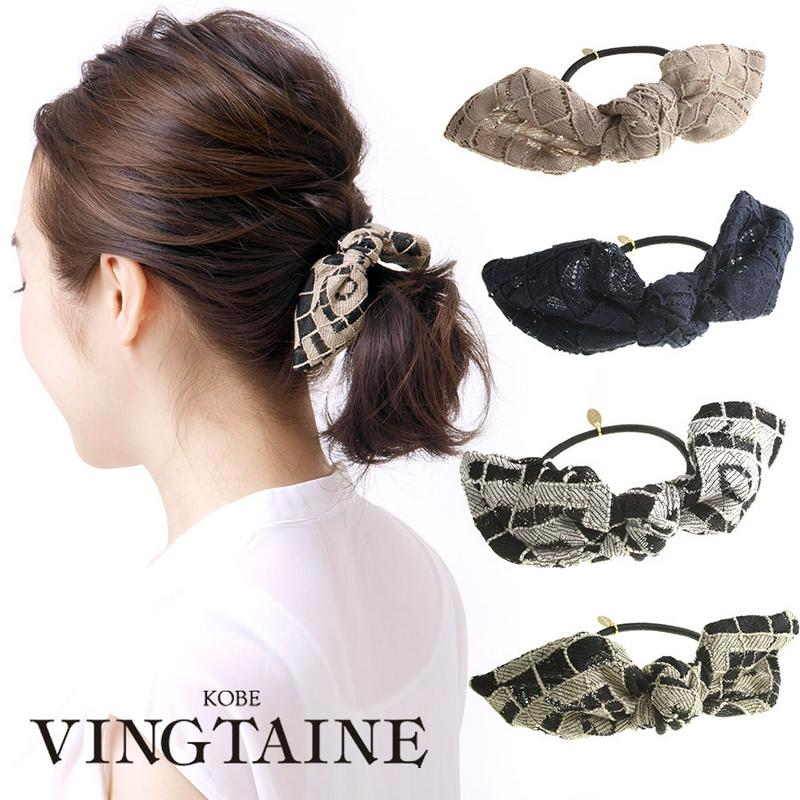 ワイヤー入りレース調デザインリボンヘアゴム シンプル デイリー ヘアアクセ ヘアアクセサリー H7099 レディース 大人っぽい