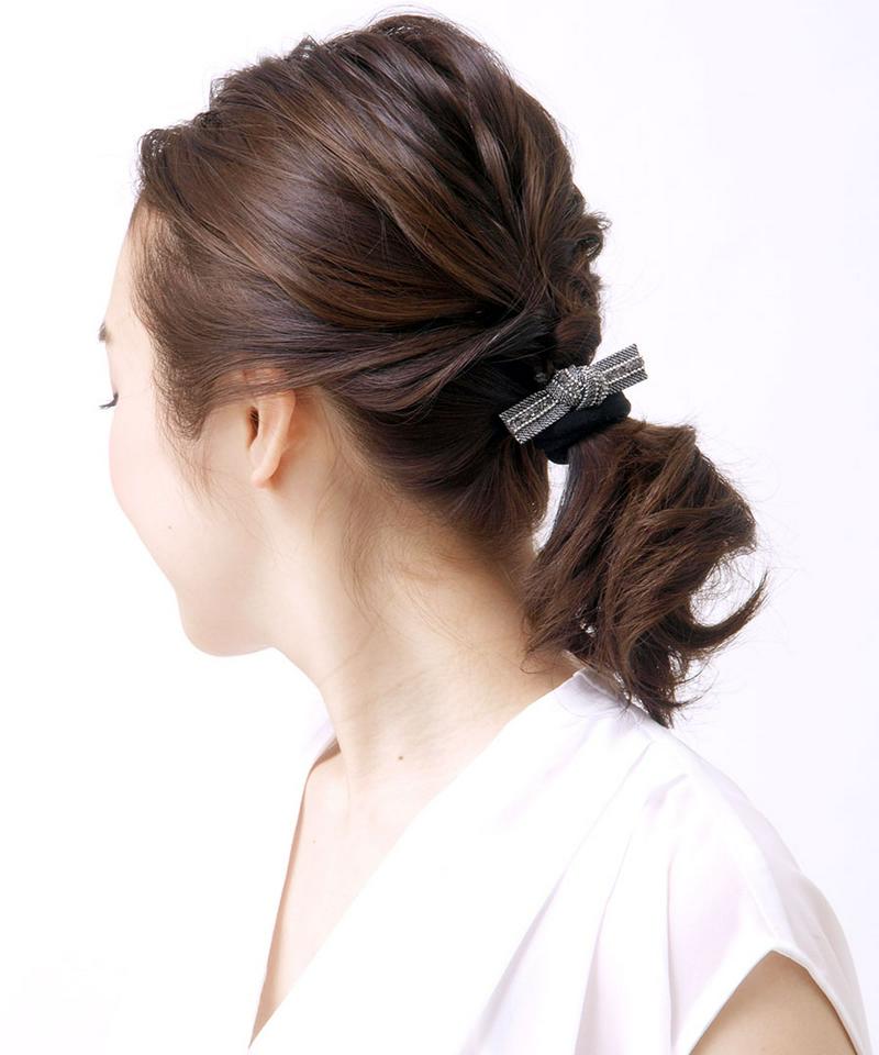 ◆SALE◆スタッズビジューラインリボンヘアゴム シンプル 結び デイリー ヘアアクセ ヘアアクセサリー H7088 レディース 大人っぽい かわいい おしゃれ プレゼント