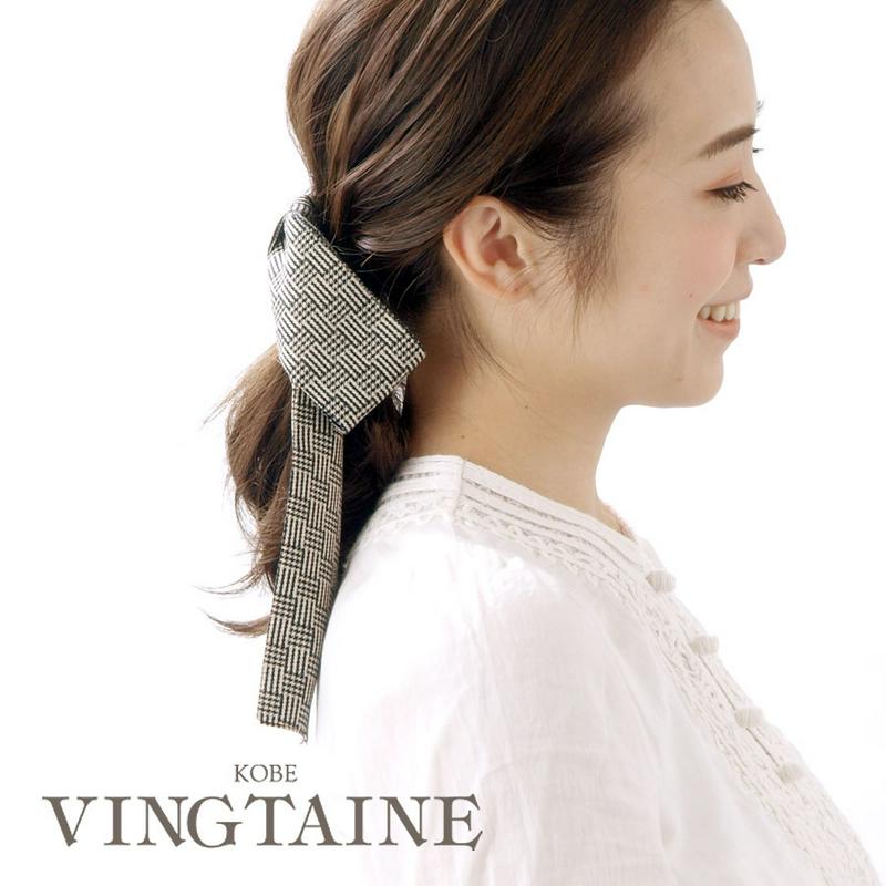 ◆在庫処分PRICE◆千鳥格子柄ロングリボンヘアゴム クラシカル オフィス シンプル 揺れ 秋冬 ヘアアクセ ヘアアクセサリー 