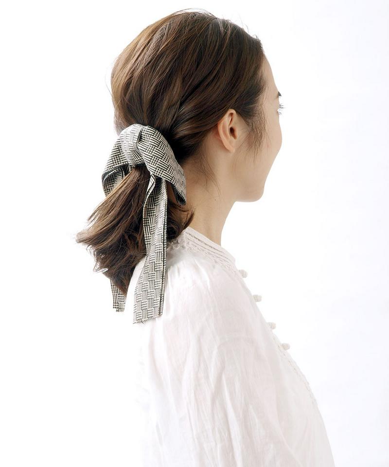 ◆在庫処分PRICE◆千鳥格子柄ロングリボンヘアゴム クラシカル オフィス シンプル 揺れ 秋冬 ヘアアクセ ヘアアクセサリー 