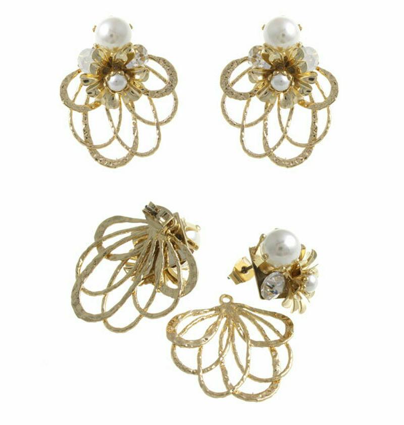 パールビジューフラワー×デザインキャッチピアス バックキャッチ 2way エレガント 花 チタンポスト P1524 レディース 