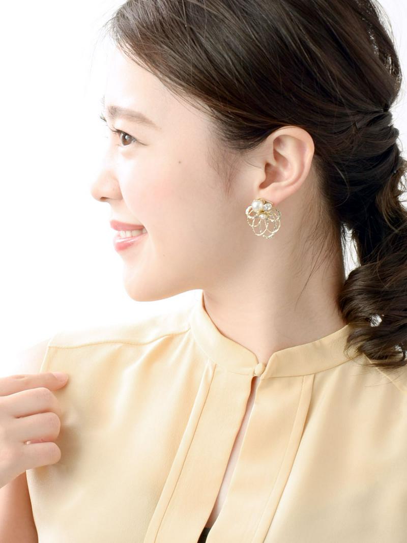 パールビジューフラワー×デザインキャッチピアス バックキャッチ 2way エレガント 花 チタンポスト P1524 レディース 
