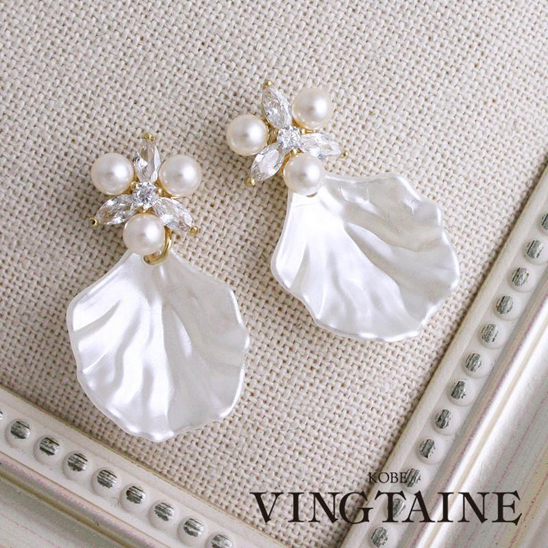 ★＼50%OFF／SALE★ビジュー×シェル風キャッチピアス パール 貝殻風 チタンポスト P1468 レディース 大人っぽい 