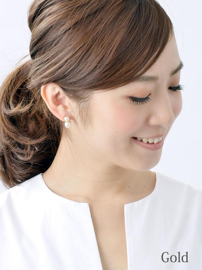 ピアス イヤリング ダブル パール ウェーブ 結婚式 二次会 チタンポスト レディース 大人っぽい シンプル かわいい おしゃれ プレゼント P1305