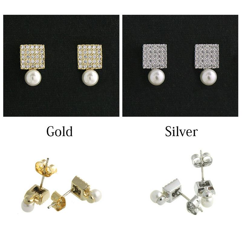 ◆SALE◆パヴェスクエアパール付きミニピアス キュービックジルコニア シンプル P1281 レディース 大人っぽい かわいい おしゃれ プレゼント