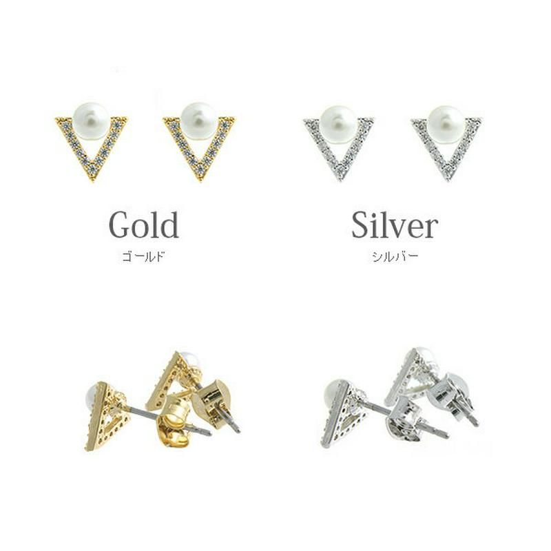 パール付きトライアングルミニピアス プチ キュービックジルコニア シンプル P1267 レディース 大人っぽい かわいい 大人カ