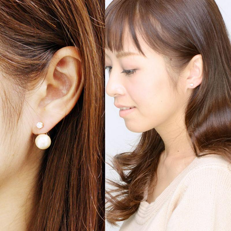 キュービックジルコニア×コットンパールダブルピアス バックキャッチピアス キュービックジルコニア 2WAY ステンレスポスト P1051 レディース 大人っぽい シンプル かわいい