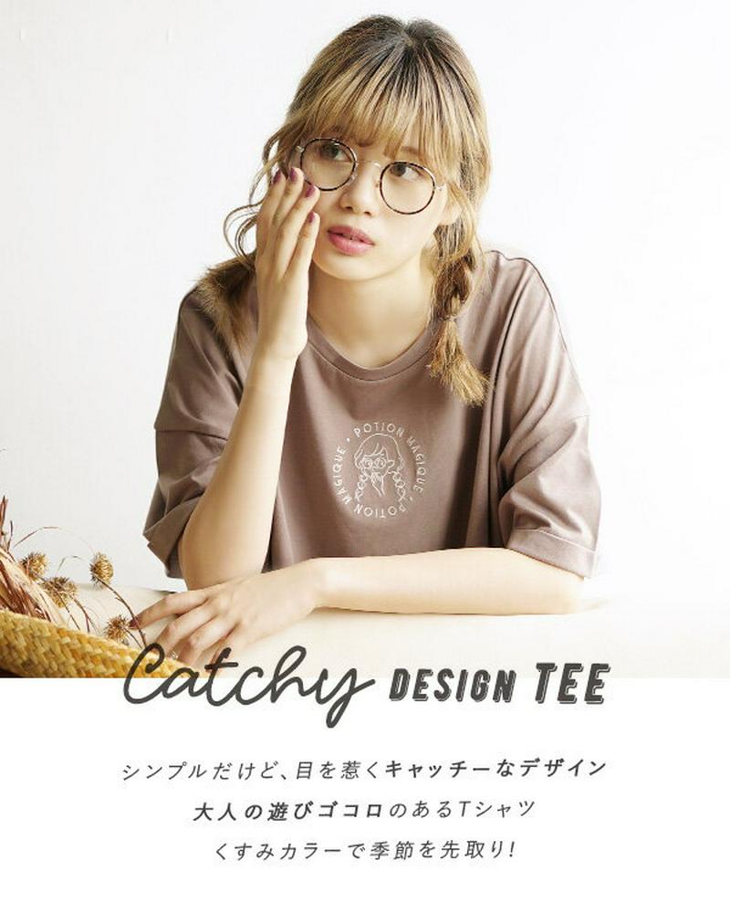 Tシャツ / キャッチーなワンポイント刺繍 サークル女の子刺繍 プルオーバー 。 レディース トップス カットソー ロゴTシャツ