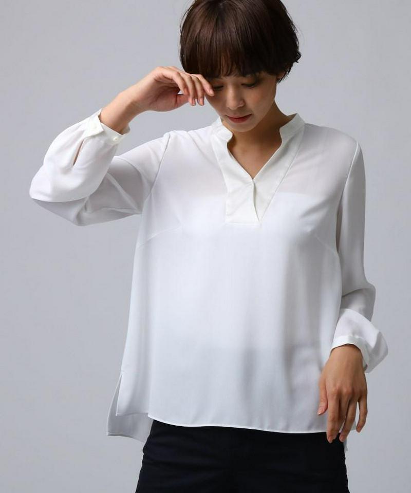 【洗える】異素材ネックストレッチジョーゼットブラウス