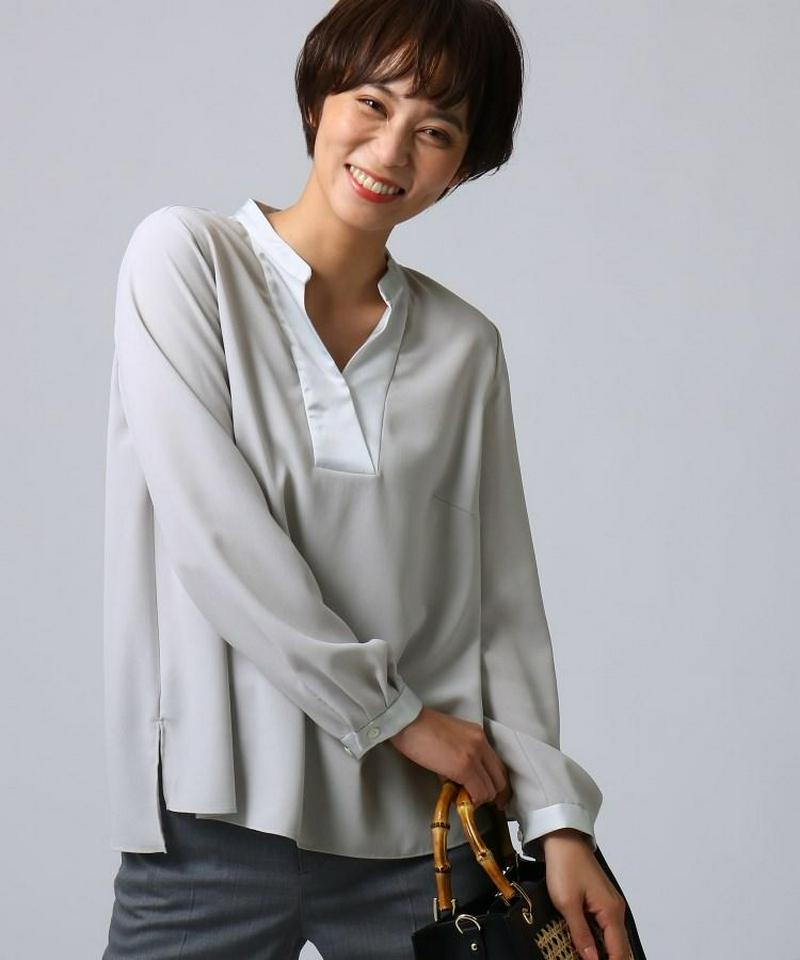 【洗える】異素材ネックストレッチジョーゼットブラウス
