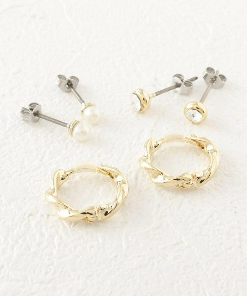 プチフェイクパール×ビジュー×ひねりフープピアスSET
